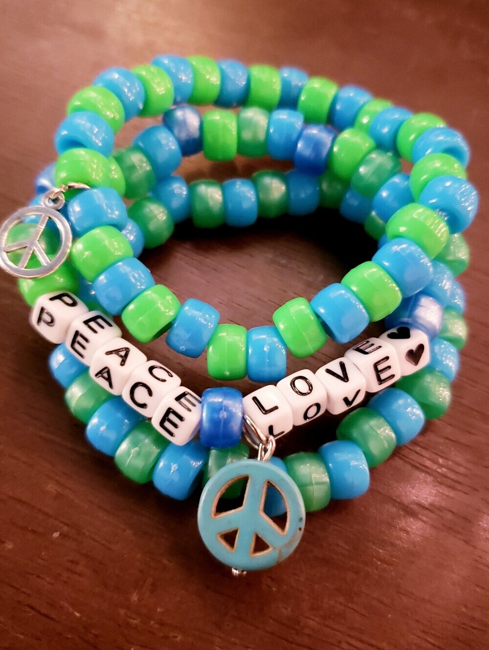 Handmade Blue Green Peace Love Stackable Kandi Bracelets